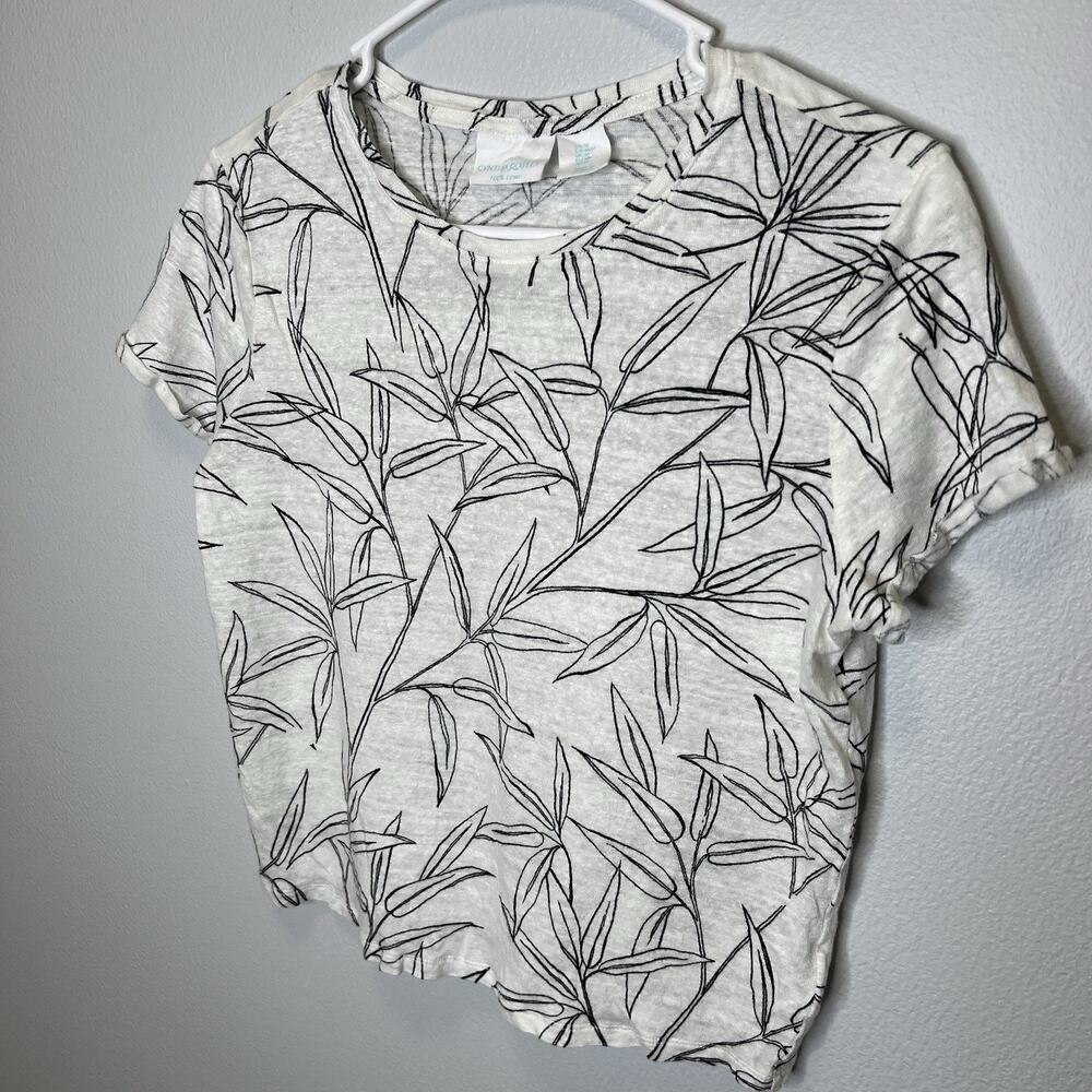 Cynthia Rowley Womens Ivory Black Floral Print 100% Linen Short Sleeve Top Med